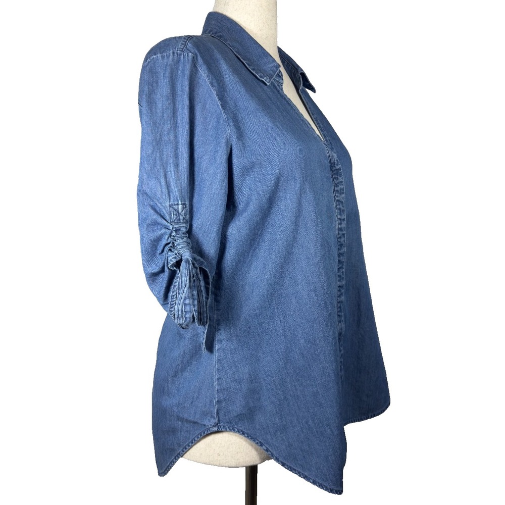 Express Cotton Lyocell Chambray Tie Sleeve Button-Up Top Women's L High Low Hem